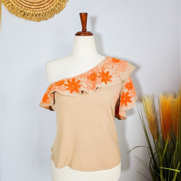 Anthropologie, New, Dolan Linen Blend Rib Knit Embroidered Ruffle Top Size XL - Picture 12 of 14